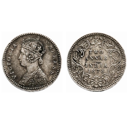 Victoria Empress, Silver, 2 Annas, 1878, Calcutta Mint, B/II, No mint mark, Die cracks on 