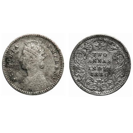 Victoria Empress, Silver, 2 Annas, 1880, Calcutta Mint, B1/I, 'C' incused. F. Prid # 495.