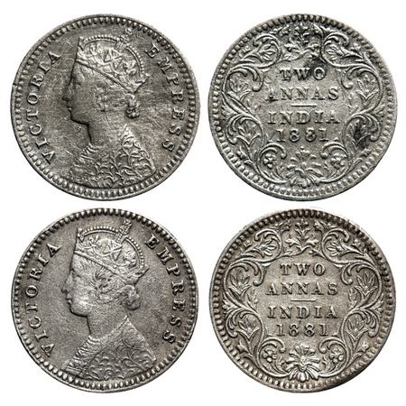 Victoria Empress, Silver, 2 Annas (2 coins), 1881, 1) Bombay Mint, B/II, Dot, 2) Calcutta 