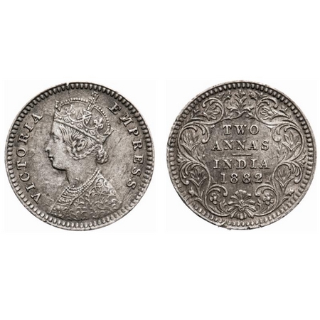 Victoria Empress, Silver, 2 Annas, 1882, Calcutta Mint, B/II, 'C' incused, Die crack on Ob
