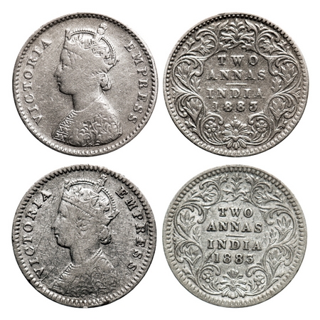 Victoria Empress, Silver, 2 Annas (2 coins), 1883, 1) Bombay Mint, A/I, Dot, 2) Calcutta M