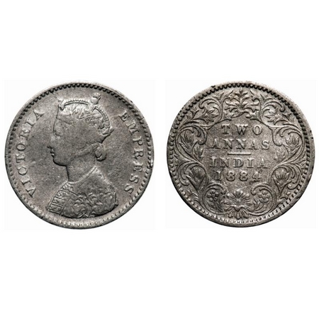 Victoria Empress, Silver, 2 Annas, 1884, Bombay Mint, A/I, No dot. F. Prid # 531. GK 769. 