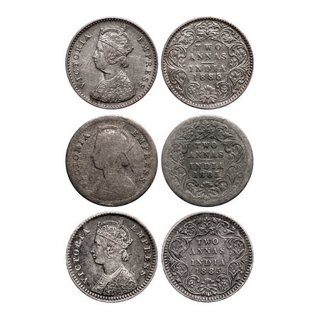 Victoria Empress, Silver, 2 Annas (3 coins), 1885, 1) Bombay Mint, A/I, 'B' raised, 2) & 3