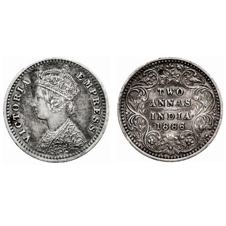 Victoria Empress, Silver, 2 Annas, 1886, Bombay Mint, B/II, 'B' incused. F. Prid # 539. GK