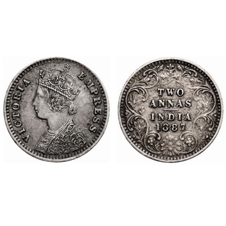 Victoria Empress, Silver, 2 Annas, 1887, Bombay Mint, B/II, 'B' incused. F. Prid # 540. GK