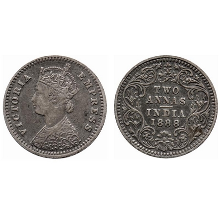 Victoria Empress, Silver, 2 Annas, 1888, Bombay Mint, B/II, 'B' incused, Ghost on Obv. F. 
