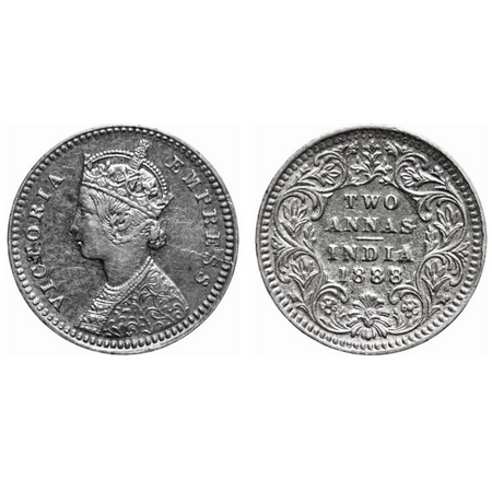 Victoria Empress, Silver, 2 Annas, 1888, Calcutta Mint, B/II, No mint mark, No 'C', Die cr