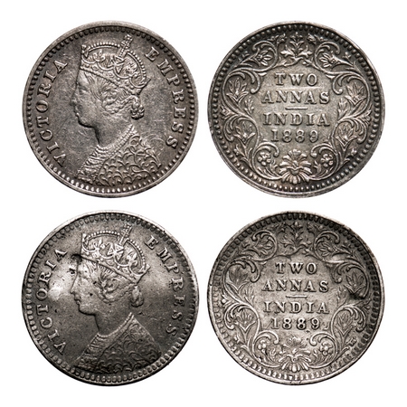 Victoria Empress, Silver, 2 Annas (2 coins), 1889, 1) Bombay Mint, B/II, 'B' incused, 2) C