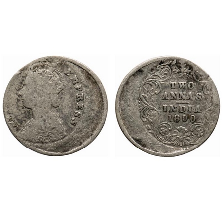 Victoria Empress, Silver, 2 Annas, 1890, (1.41 g) (15.62 mm), Bombay Mint, B/II, 'B' raise