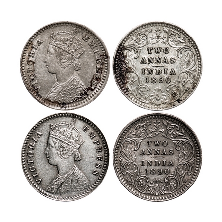 Victoria Empress, Silver, 2 Annas (2 coins), 1890, 1) Bombay Mint, B/II, 'B' incused, 2) C