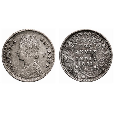 Victoria Empress, Silver, 2 Annas, 1891, Bombay Mint, B/II, 'B' incused. F. Prid # 546. GK