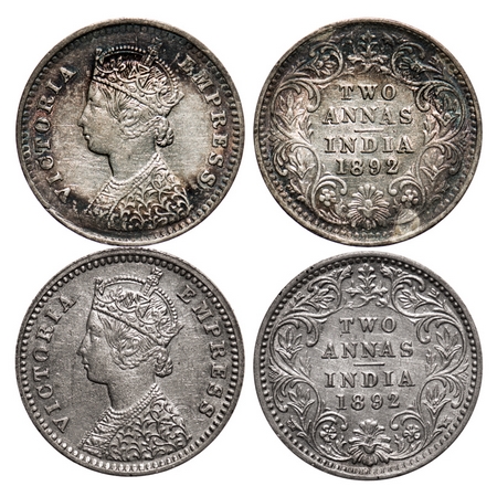 Victoria Empress, Silver, 2 Annas (2 coins), 1892, Bombay Mint, 1) B/II, 'B' incused, 2) B