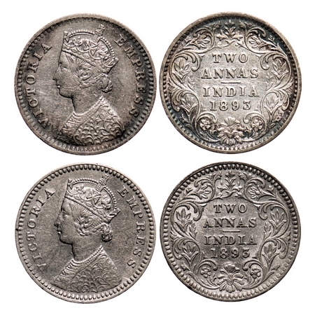 Victoria Empress, Silver, 2 Annas(2 coins), 1893, 1) Bombay Mint, B/II, 'B' incused, 2) Ca