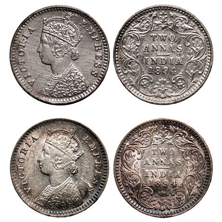 Victoria Empress, Silver, 2 Annas (2 coins), 1894, 1) Bombay Mint, B/II, 'B' incused, 2) C