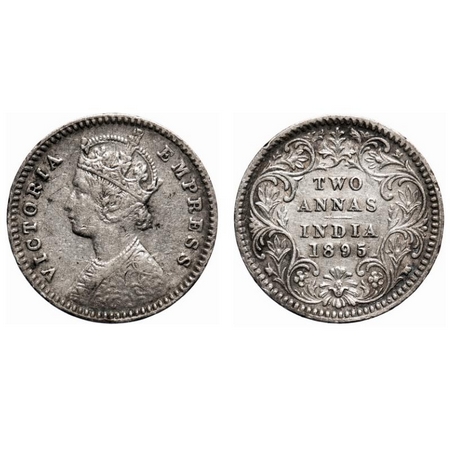 Victoria Empress, Silver, 2 Annas, 1895, Calcutta Mint, B/II, 'C' incused. F. Prid # 510. 