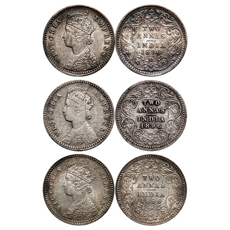 Victoria Empress, Silver, 2 Annas (3 coins), 1896, 1) Bombay Mint, B/II, 'B' raised, 2) & 
