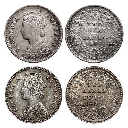 Victoria Empress, Silver, 2 Annas (2 coins), 1897, 1) Bombay Mint, B/II, 'B' incused, 2) C