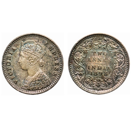 Victoria Empress, Silver, 2 Annas, 1898, Bombay Mint, B/II, 'B' incused. F. Prid # 552. GK