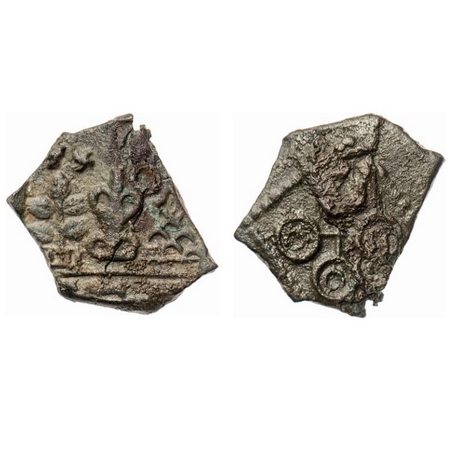 Satavahanas, Siri Satakarni, Junnar Area, Copper Unit, 3.04g, Obv: Bold srivatsa in center