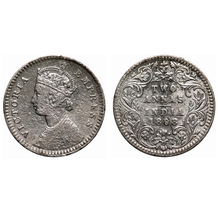 Victoria Empress, Silver, 2 Annas, 1898, Calcutta Mint, B/II, 'C' incused. F. Prid # 513.