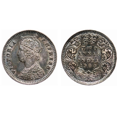 Victoria Empress, Silver, 2 Annas, 1900, Bombay Mint, B/I, 'B' raised, Big B. F. Prid # 55