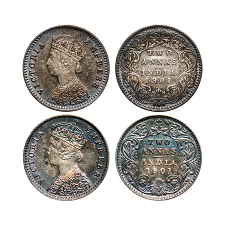 Victoria Empress, Silver, 2 Annas (2 coins), 1901, 1) Bombay Mint, B/I, 'B' incused, 2) Ca
