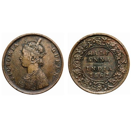 Victoria Queen, Copper, Half Anna, 1862, Madras Mint, A/I, Smudged type flowers. F. Prid #