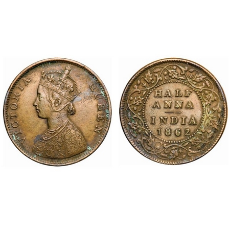Victoria Queen, Copper, Half Anna, 1862, Madras Mint, A/I, Smudged type flowers. F. Prid #