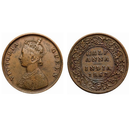 Victoria Queen, Copper, Half Anna, 1862, Madras Mint, A/I(i), Flowers with Five dots aroun