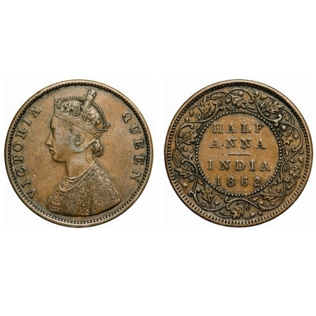 Victoria Queen, Copper, Half Anna, 1862, Bombay Mint, A/I, Smudged type flowers. F. Prid #