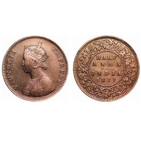 Victoria Empress, Copper, Half Anna, 1877, Bombay Mint, B/II, Numeral '77' narrow. F. Prid