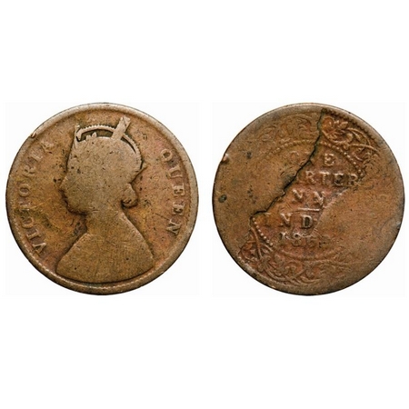 Victoria Queen, Copper, Quarter Anna, 1862, Error, (25.07 mm, 5.79gm), Retained broken die