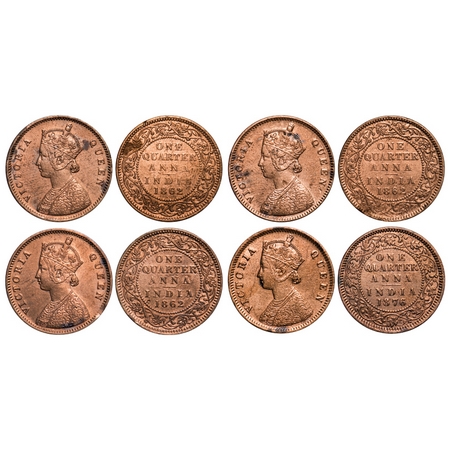 Victoria Queen, Copper, Quarter Anna (4 coins), 1) 1862, Calcutta Mint, A1/I, No mint mark