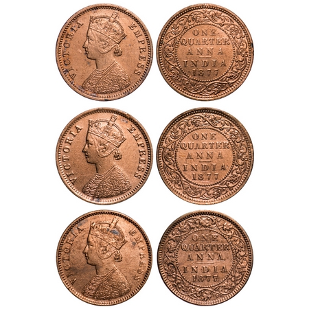 Victoria Empress, Copper, Quarter Anna (3 coins), 1877, 1) & 2) Bombay Mint, B/I, No mint 