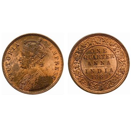 Victoria Empress, Copper, Quarter Anna, 1889, Calcutta Mint, B/II, No mint mark. F. Prid #