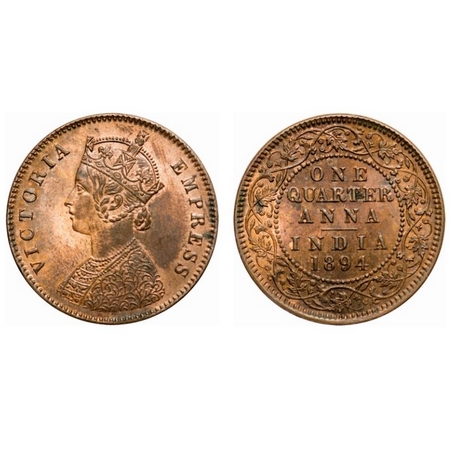 Victoria Empress, Copper, Quarter Anna, 1894, Calcutta Mint, B/II, No mint mark, Partial g