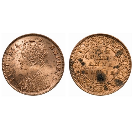 Victoria Empress, Copper, Quarter Anna, 1899, Calcutta Mint, B/II, No mint mark. F. Prid #