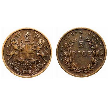 Victoria Queen, Copper, 1/2 Pice, 1853, Calcutta Mint, B/I, Elongated beads above year num