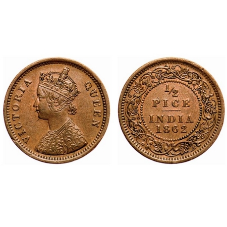 Victoria Queen, Copper, 1/2 Pice, 1862, Calcutta Mint, A/I. F. Prid # Unlisted. GK 401. Ab