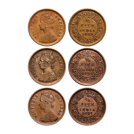 Victoria Empress, Copper, 1/2 Pice (3 coins), 1885, 1886, 1887, Calcutta Mint, A/I, No min