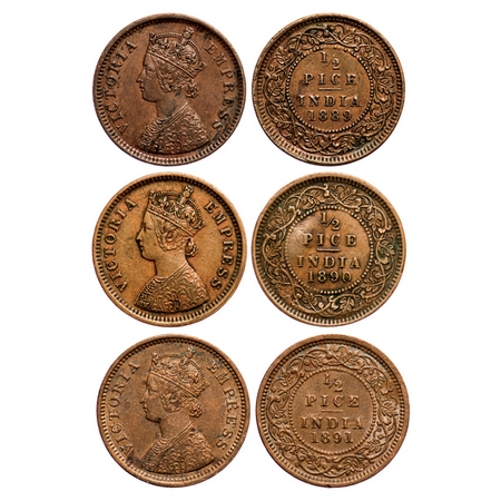 Victoria Empress, Copper, 1/2 Pice (3 coins), Calcutta Mint, A/I, No mint mark, 1) 1889, G