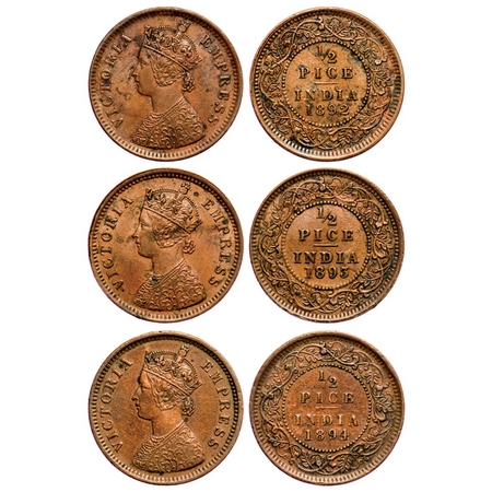 Victoria Empress, Copper, 1/2 Pice (3 coins), Calcutta Mint, A/I, No mint mark, 1) 1892, 2