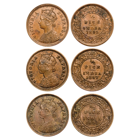 Victoria Empress, Copper, 1/2 Pice (3 coins), Calcutta Mint, A/I, No mint mark, 1) 1895, G