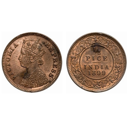 Victoria Empress, Copper, 1/2 Pice, 1899, Calcutta Mint, A/I, No mint mark, Die crack on O