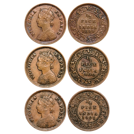 Victoria Empress, Copper, 1/2 Pice (3 coins), Calcutta Mint, A/I, No mint mark, 1) 1899, G