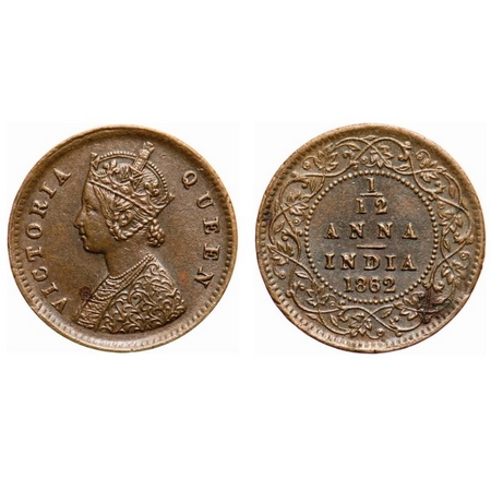 Victoria Queen, Copper, 1/12 Anna, 1862, Calcutta Mint, A/I. F. Prid # 780. GK 403. Extrem
