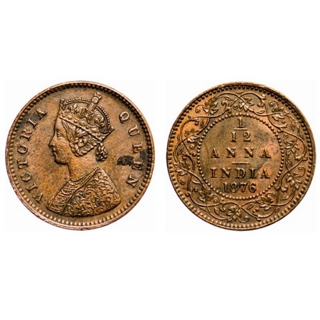Victoria Queen, Copper, 1/12 Anna, 1876, Calcutta Mint, Obv A, No mint mark. F. Prid # 785