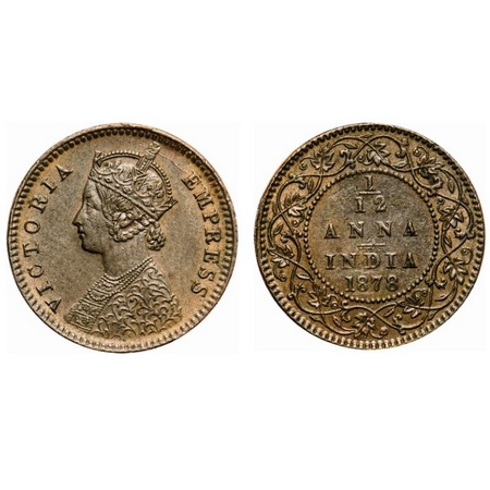 Victoria Empress, Copper, 1/12 Anna, 1878, Calcutta Mint, Obv B, No mint mark. F. Prid # 7