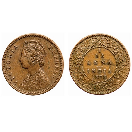 Victoria Empress, Copper, 1/12 Anna, 1878, Calcutta Mint, Obv B, No mint mark. F. Prid # 7