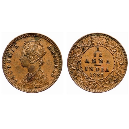 Victoria Empress, Copper, 1/12 Anna, 1883, Calcutta Mint, Obv B, 'C' incused. F. Prid # 78